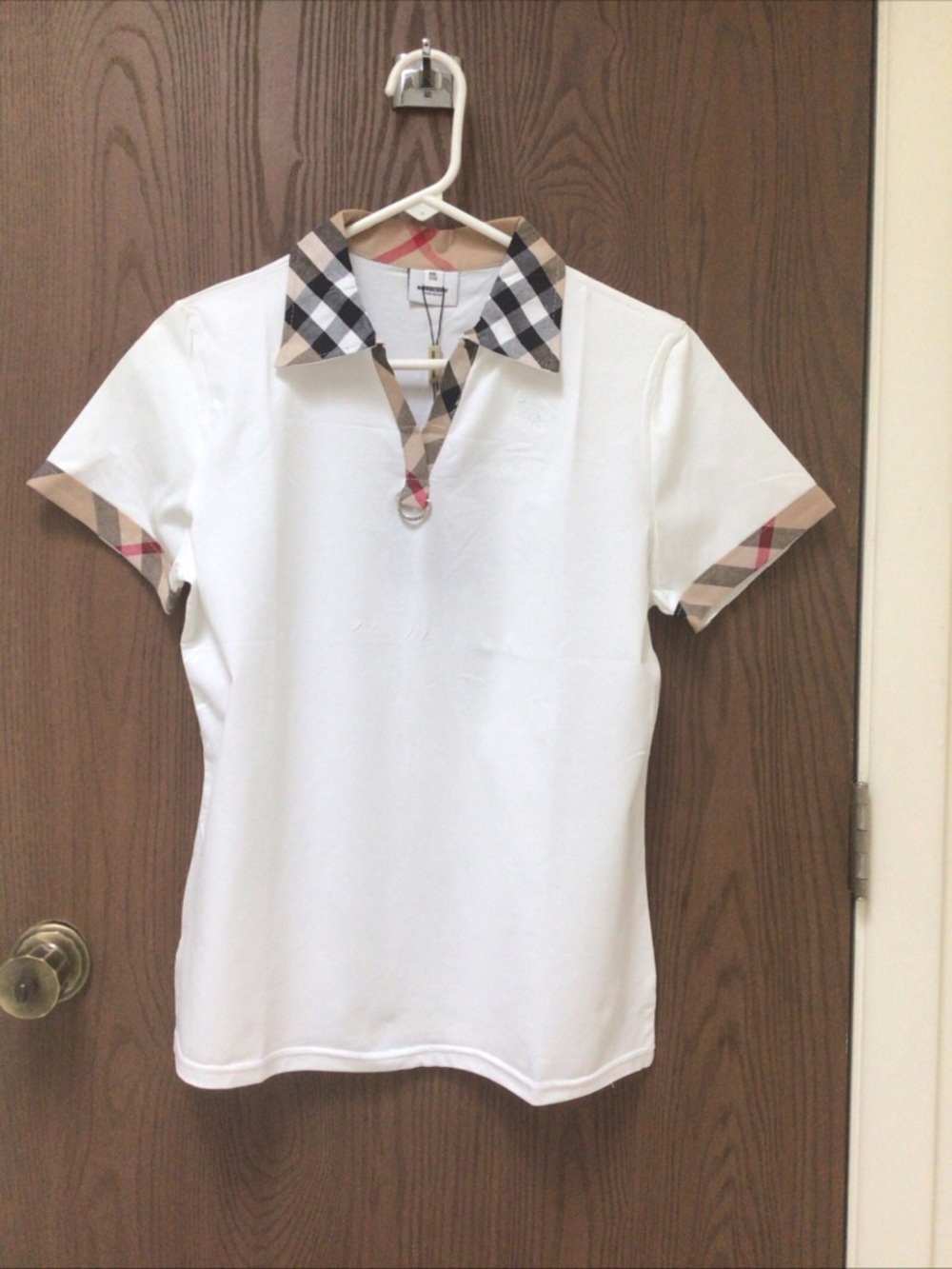 NWT Burberry White Polo women top Nova Check trim, 100% cotton, slim, sz 2XL